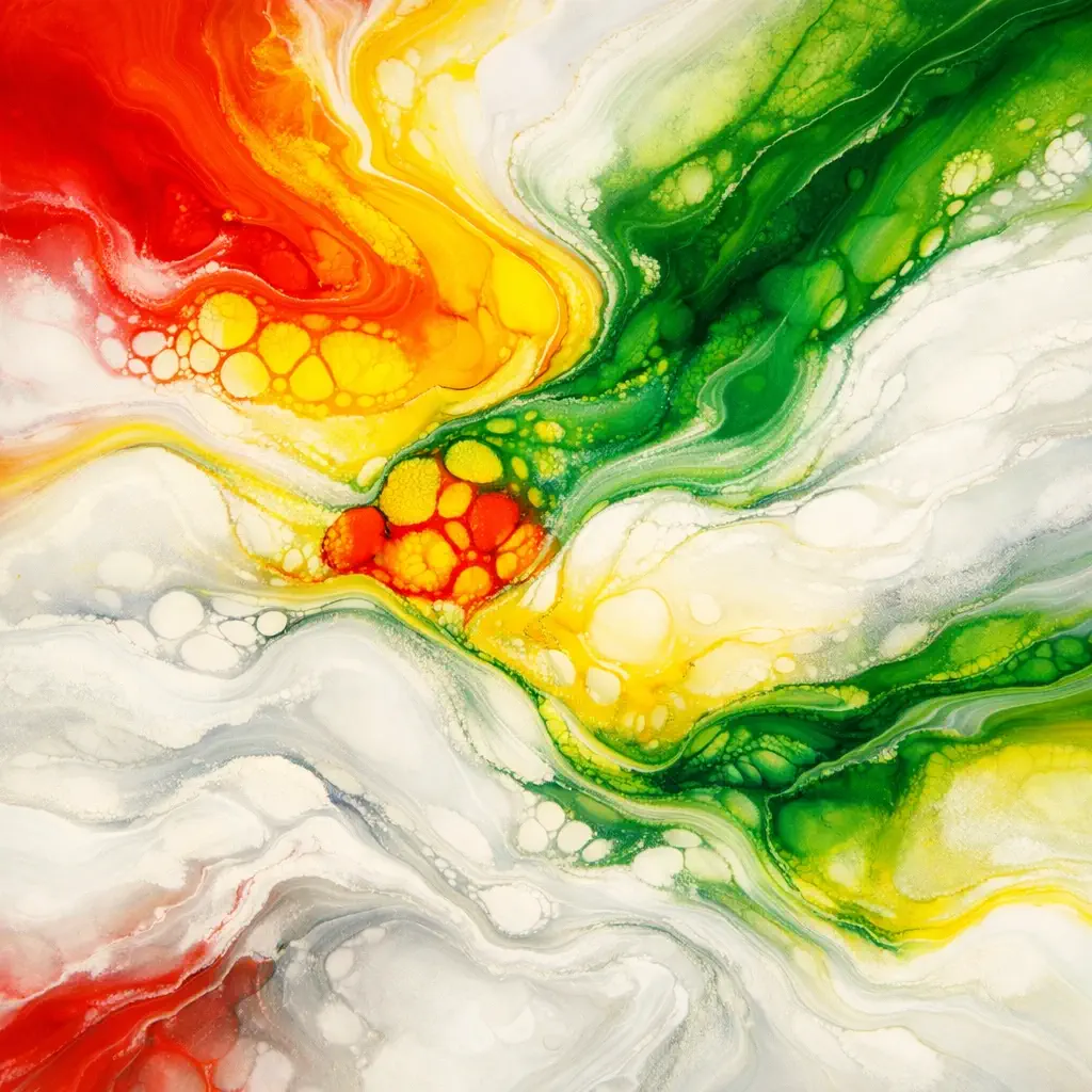 Vibrant abstract art in warm reds, yellows, and greens representing diversity and self-expression